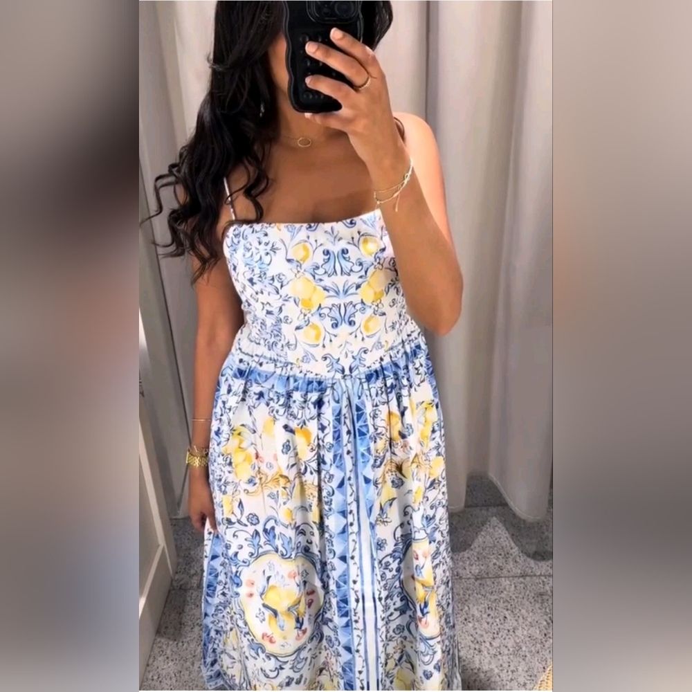 Sz M New H&M Lemon Printed Cotton Strappy Dress Lemons/blue/white